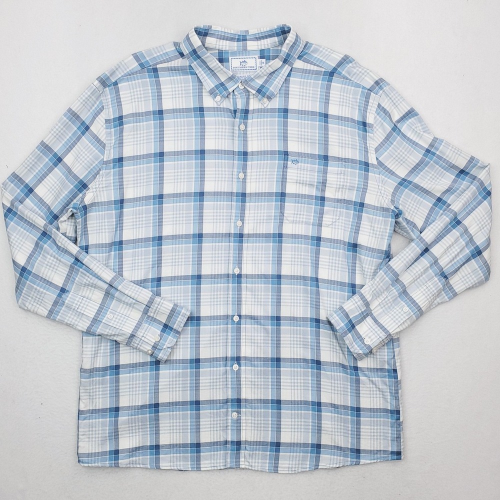Southern Tide Shirt Mens 2XL Blue Plaid Classic Fit Stretch Button Down Casual